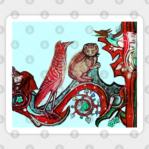 WEIRD MEDEVAL BESTIARY, CAT AND CUCKOO BIRD IN RED GREEN Sticker by BulganLumini